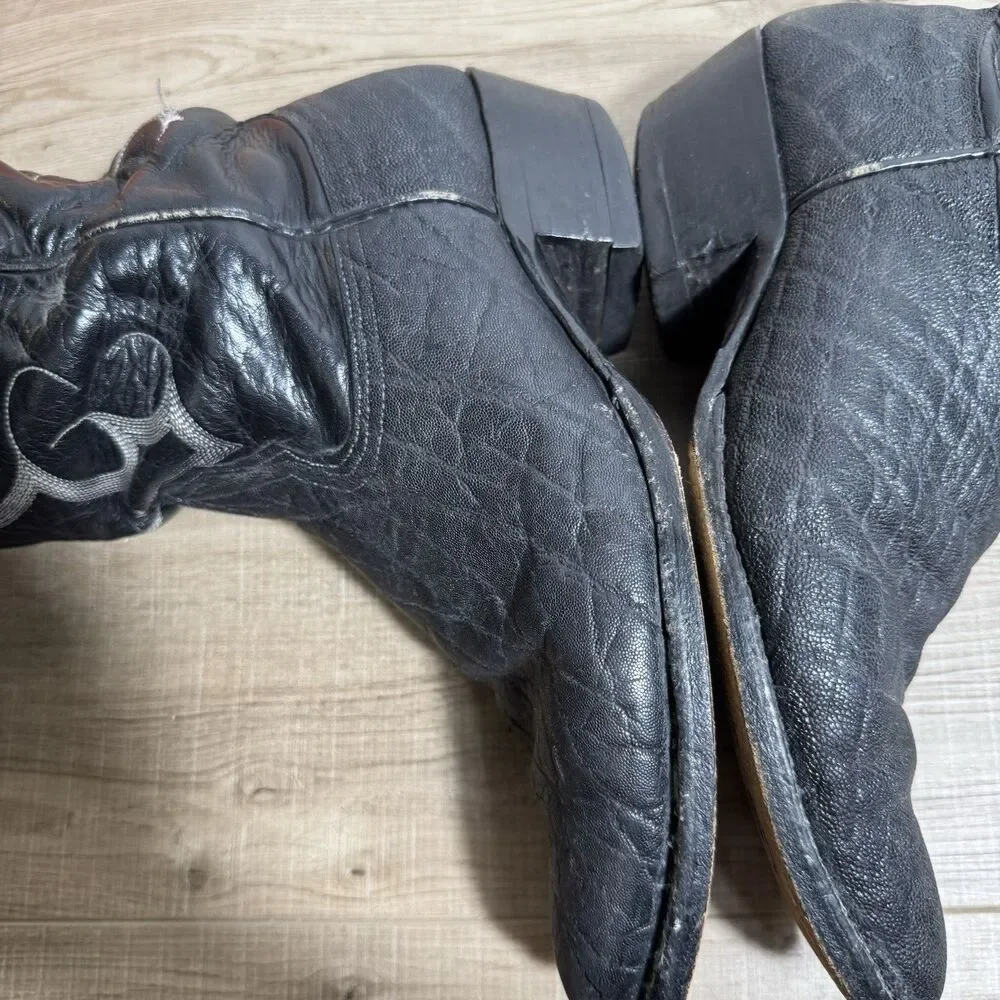 Nocona Men’s 9 D Black Leather Elephant Print USA Vintage Western Cowboy Boots